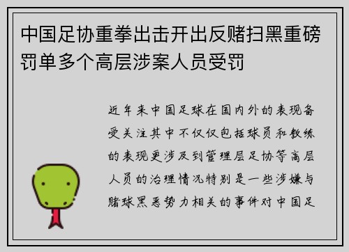 中国足协重拳出击开出反赌扫黑重磅罚单多个高层涉案人员受罚